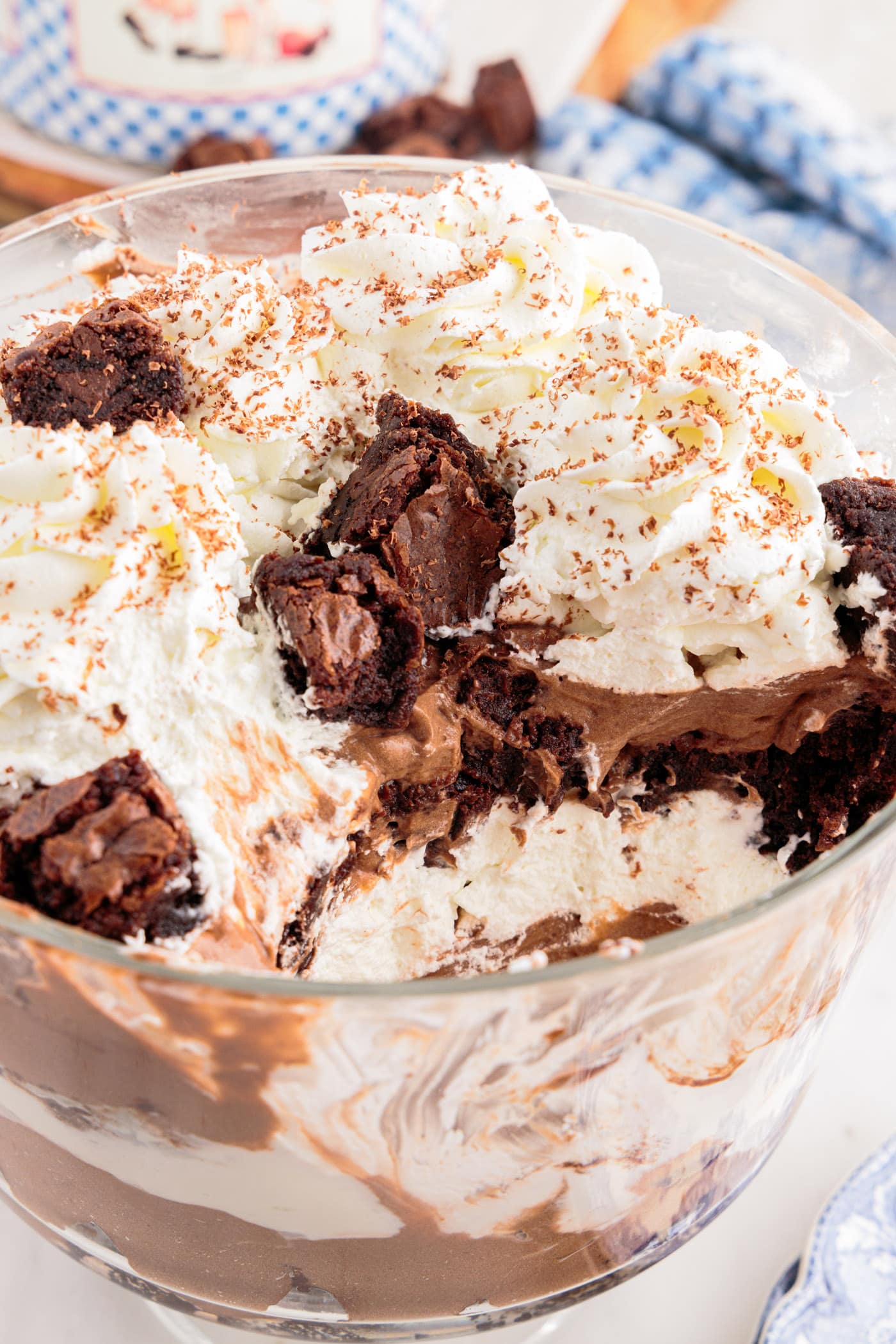 Close up photo of a Brownie Trifle with a serving removed