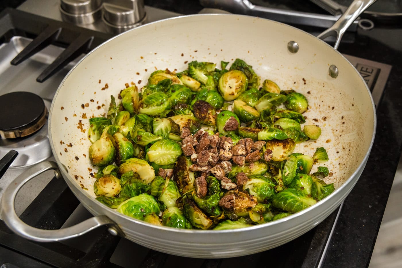 candied pecans in brussels sprouts