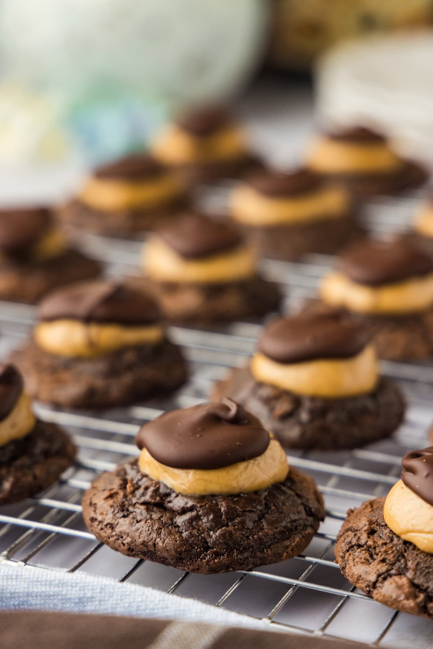buckeye brownie cookies on a wire cooling rack