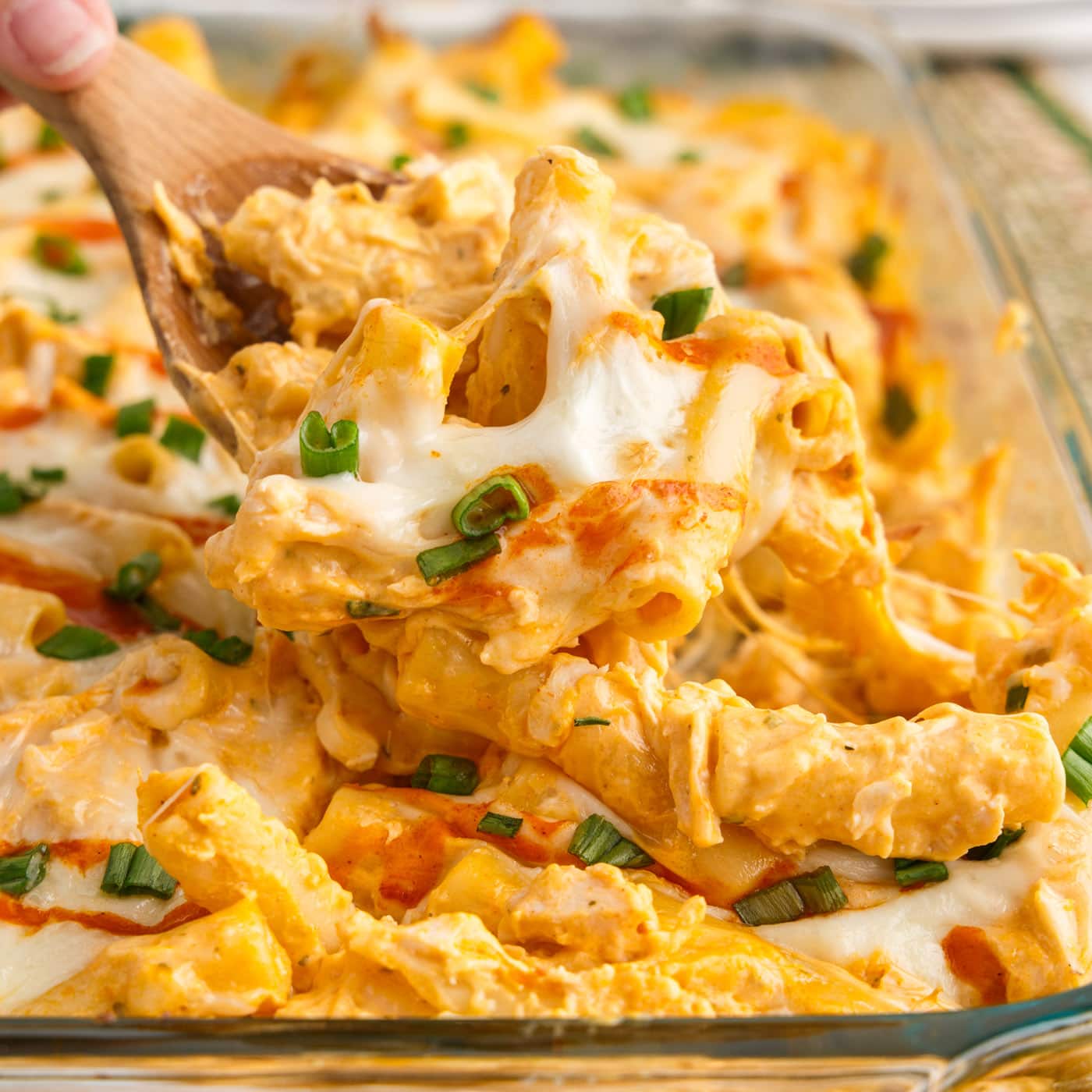 Close up photo of a spoonful of Buffalo Chicken Casserole