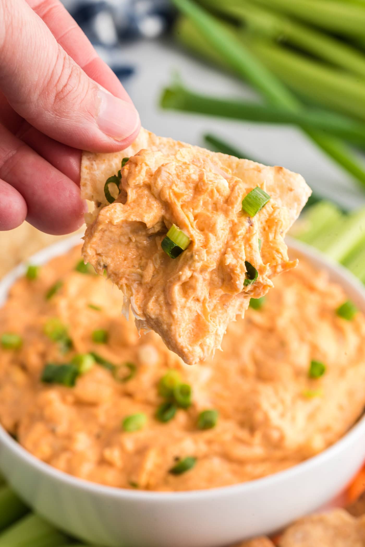 Buffalo Chicken Dip on a tortilla chip