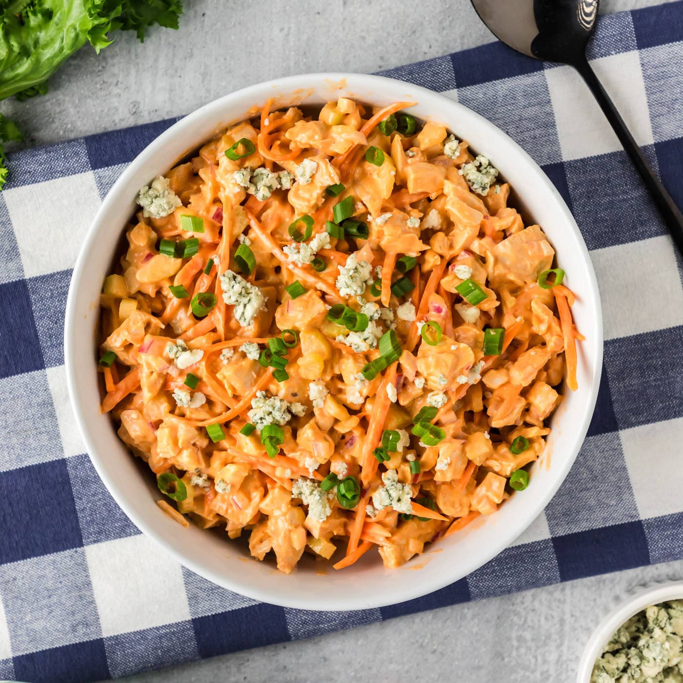 Close up photo of a bowl of Buffalo Chicken Salad