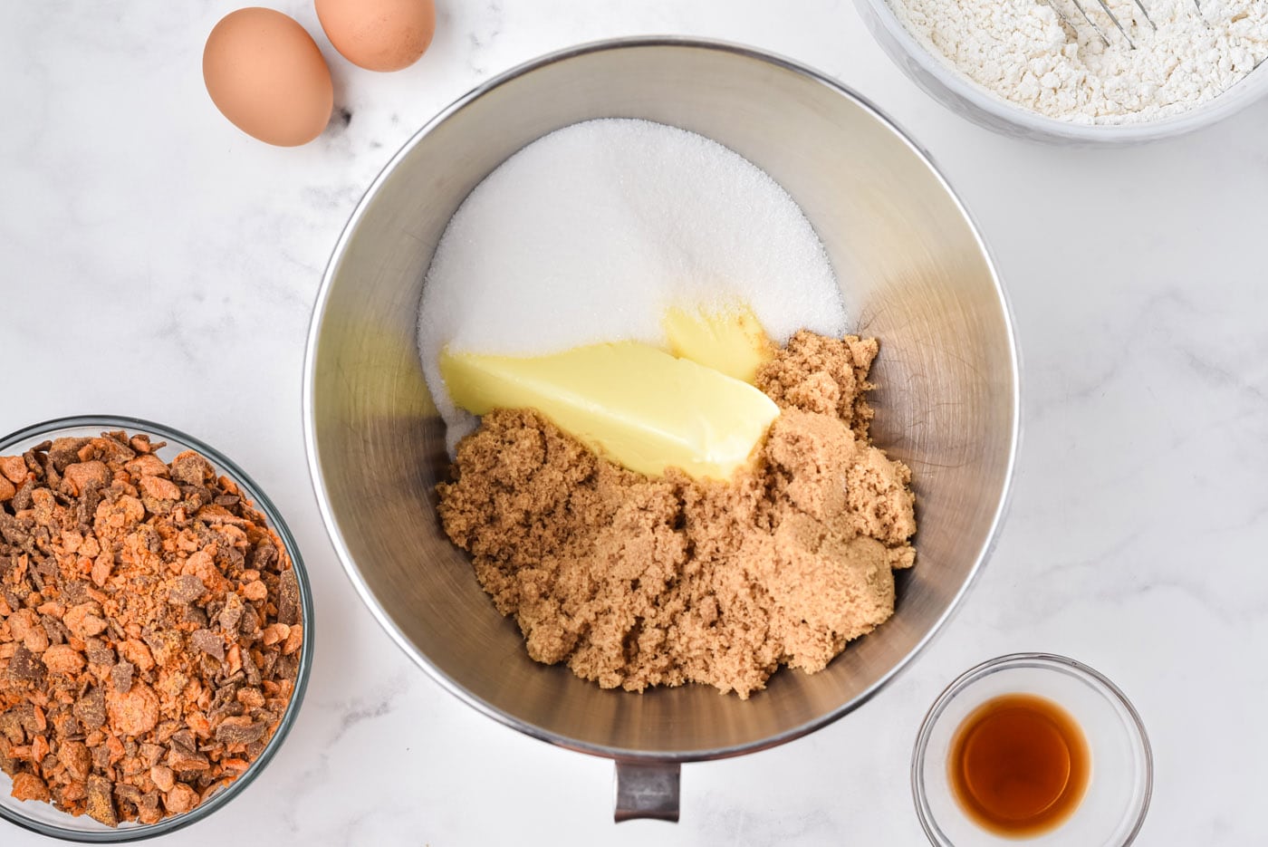 butter, brown sugar, and granulated sugar in a bowl