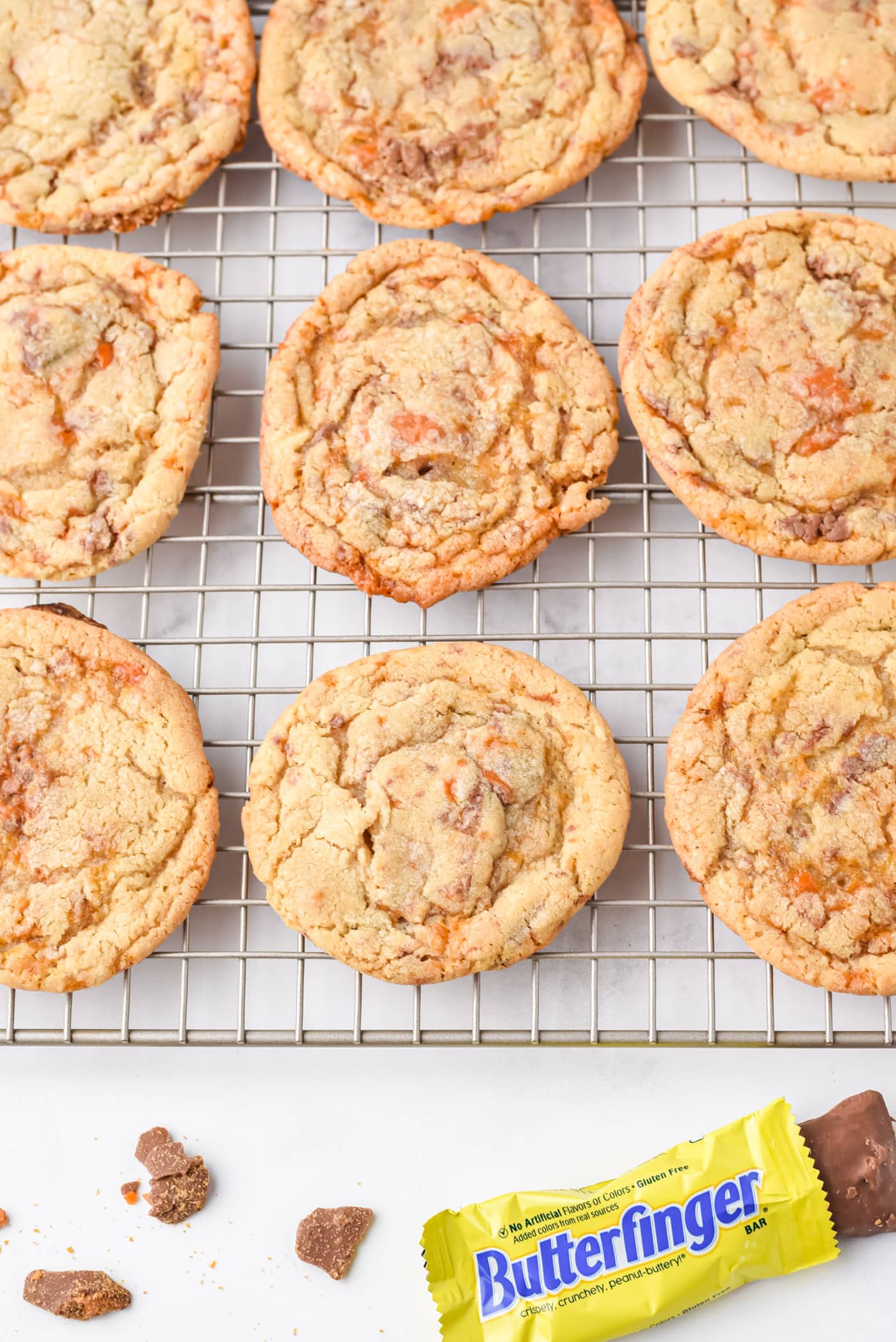 Butterfinger Cookies on a wire rack