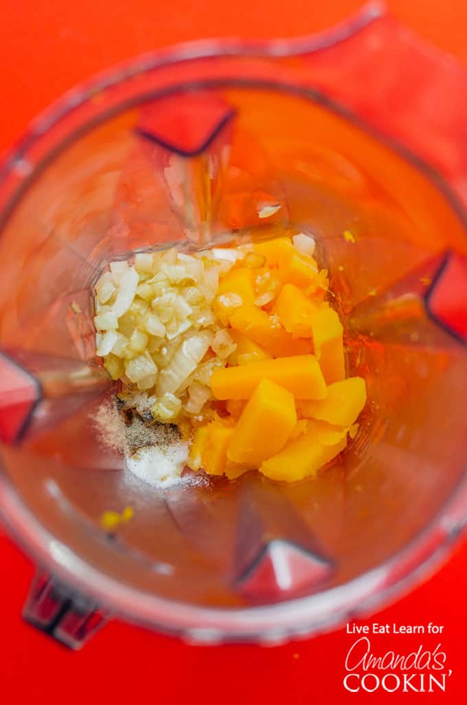 Ingredients for Butternut Squash Mac and Cheese in blender