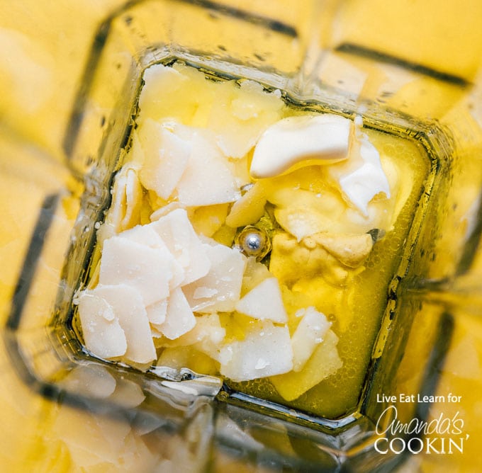 overhead view of blender with ingredients in it