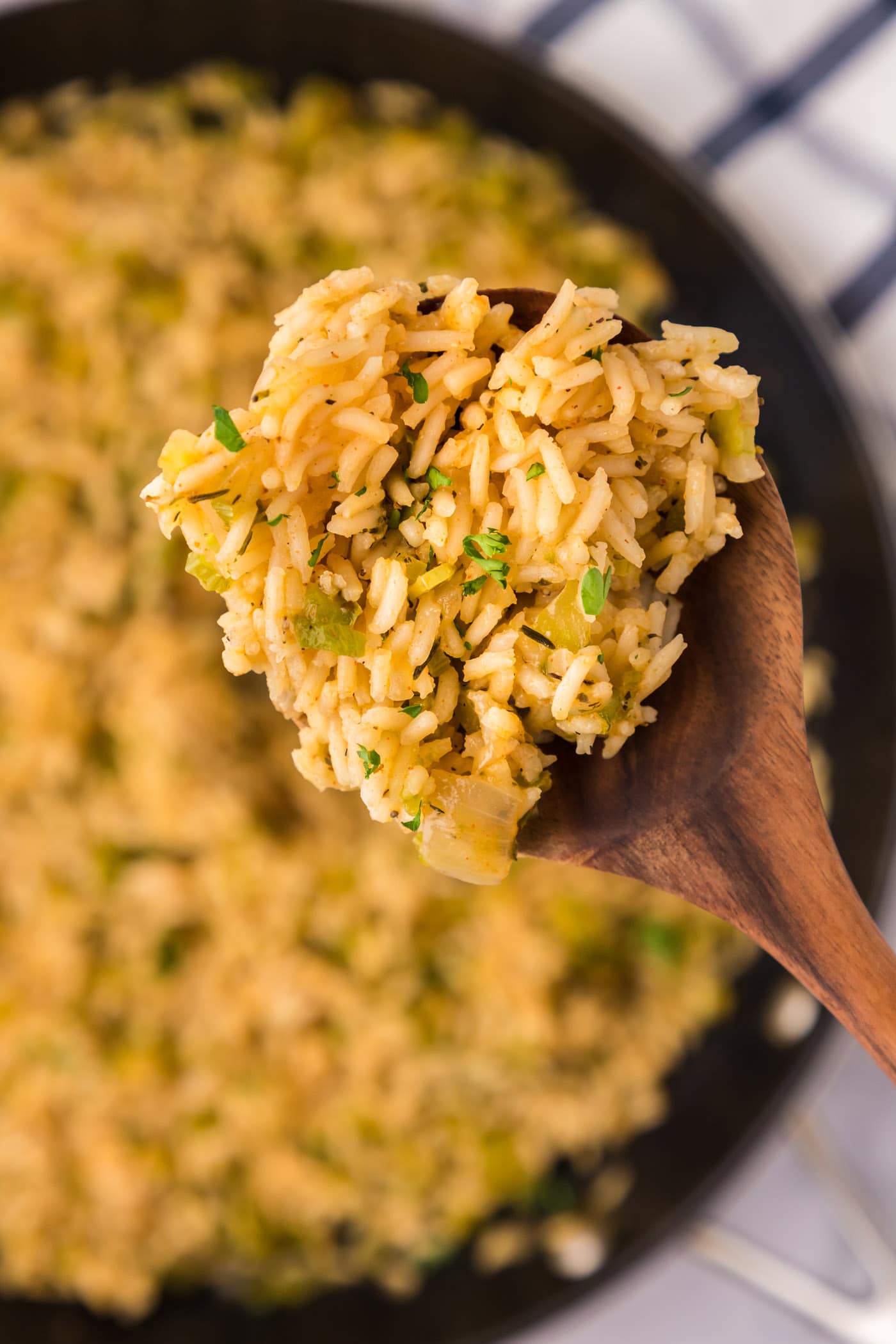 Close up photo of a spoonful of Cajun Rice