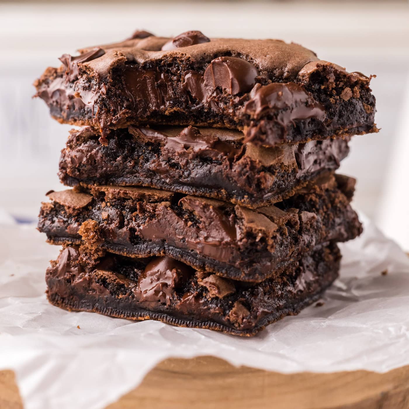 Stack of Cake Mix Brownies with a bite taken out of the top one