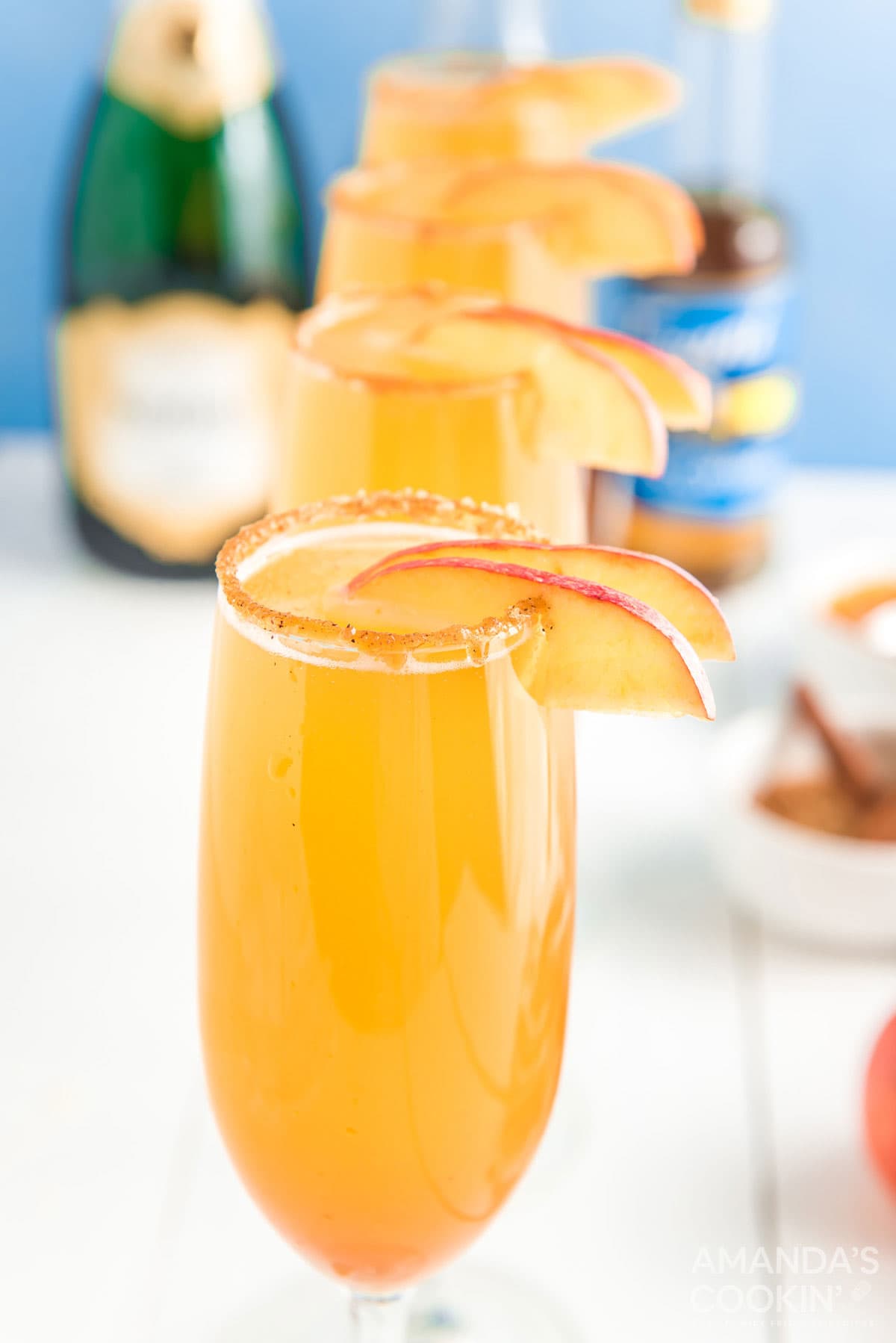 caramel mimosas garnished with apples