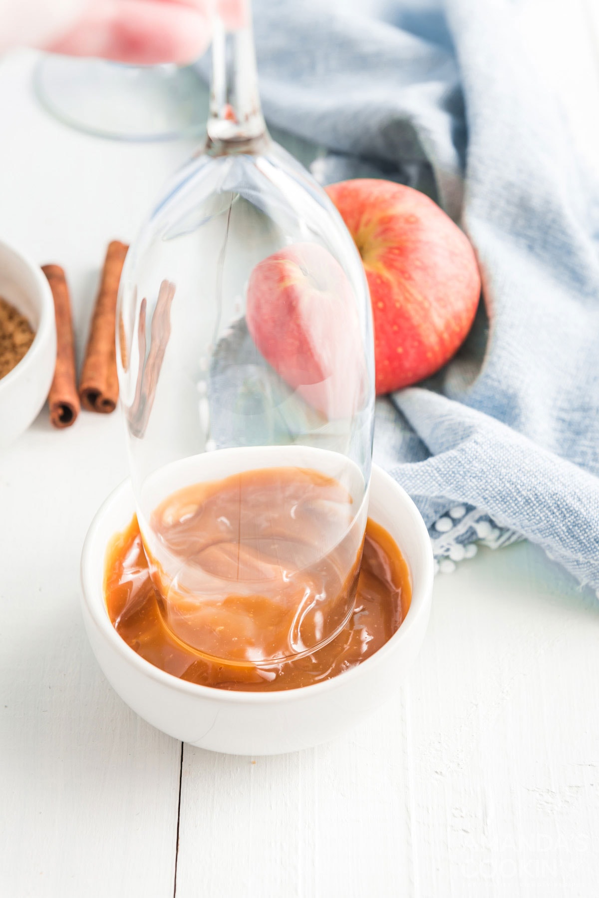 dipping glass rim in caramel