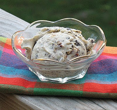 A close up photo of a bowl of caramel chocolate nut ice cream.