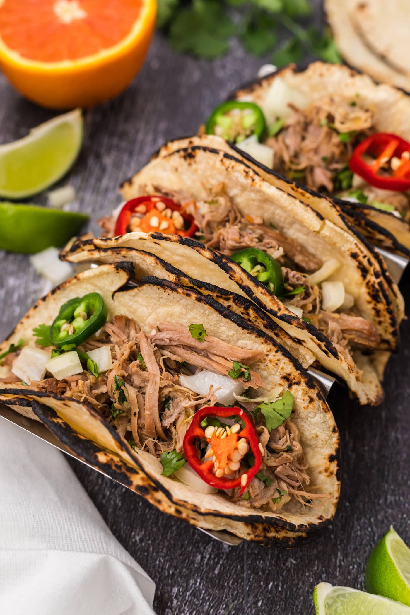 Close up photo of Carnitas in tortillas