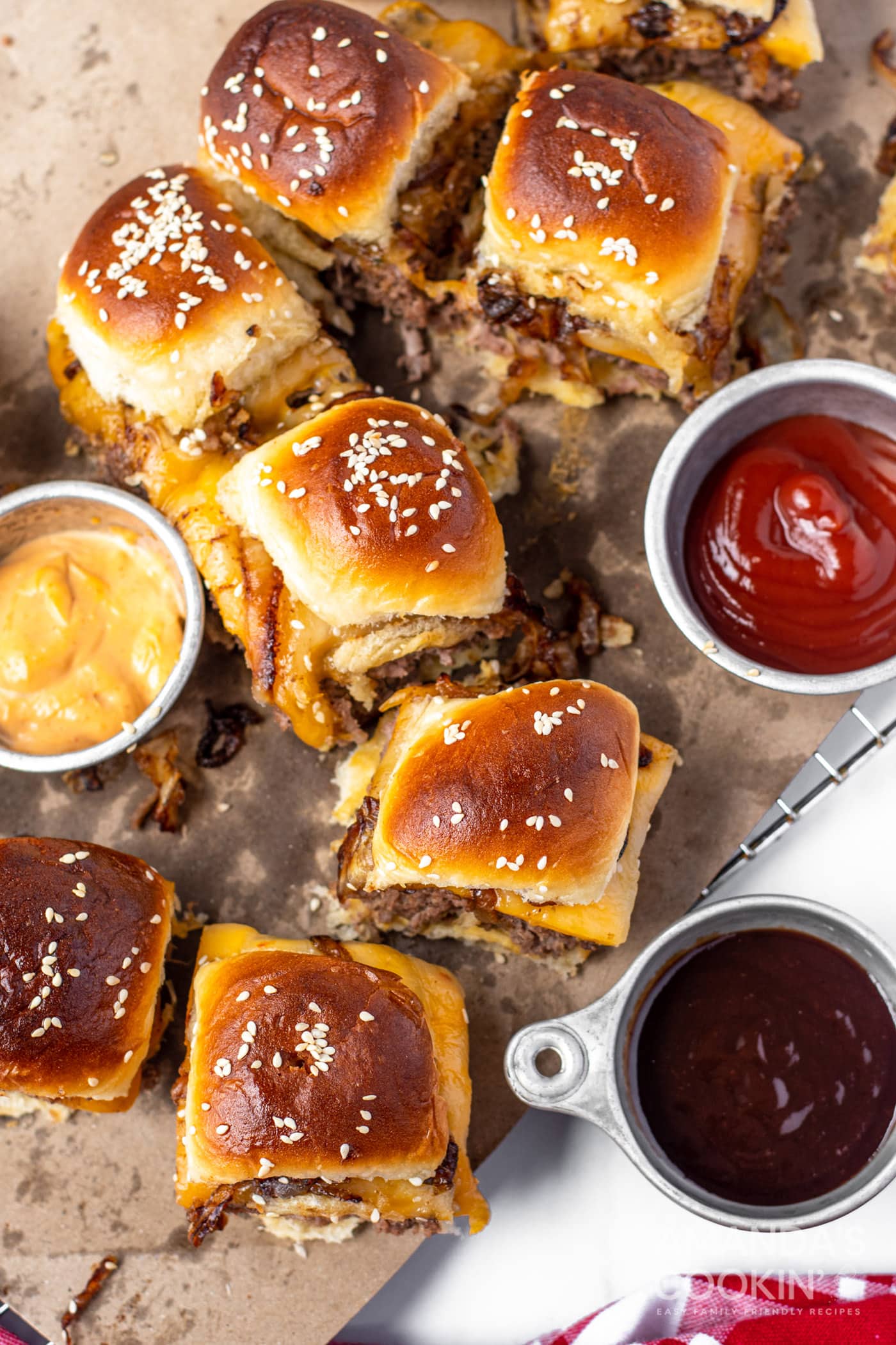 overhead view of cheeseburger sliders