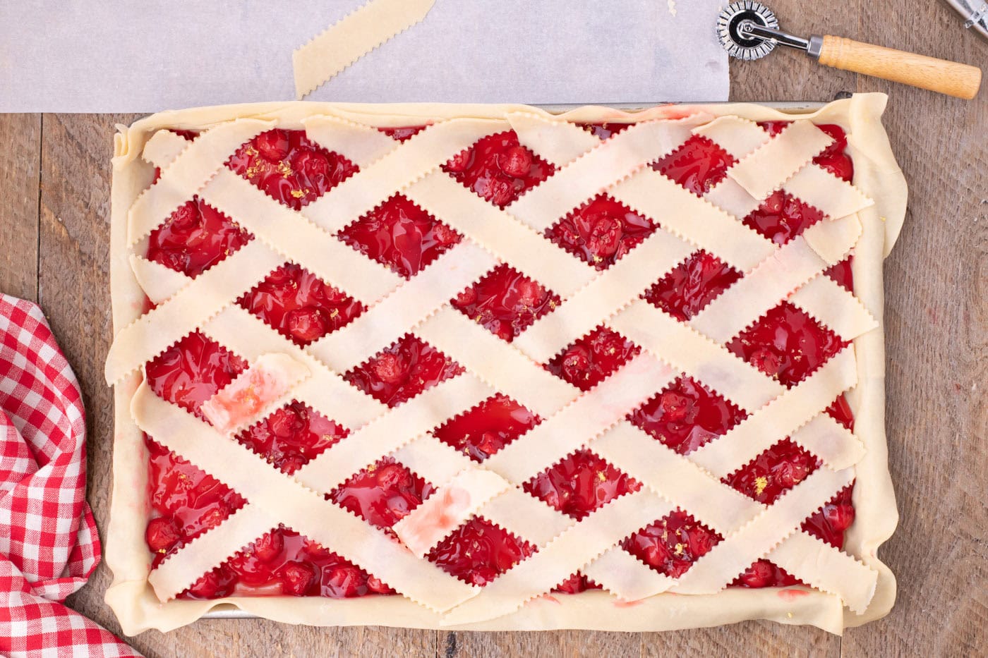 unbaked lattice top cherry slab pie