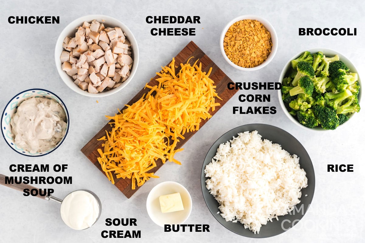 labeled ingredients for Chicken Broccoli Rice Casserole