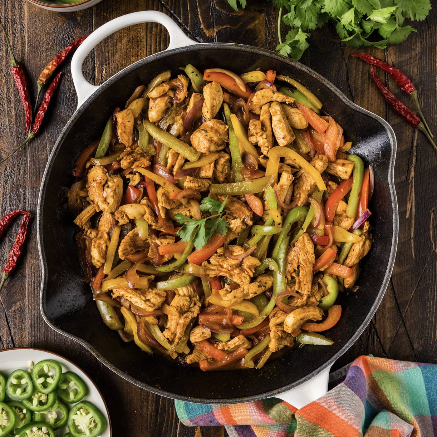 Close up photo of a skillet of Chicken Fajitas