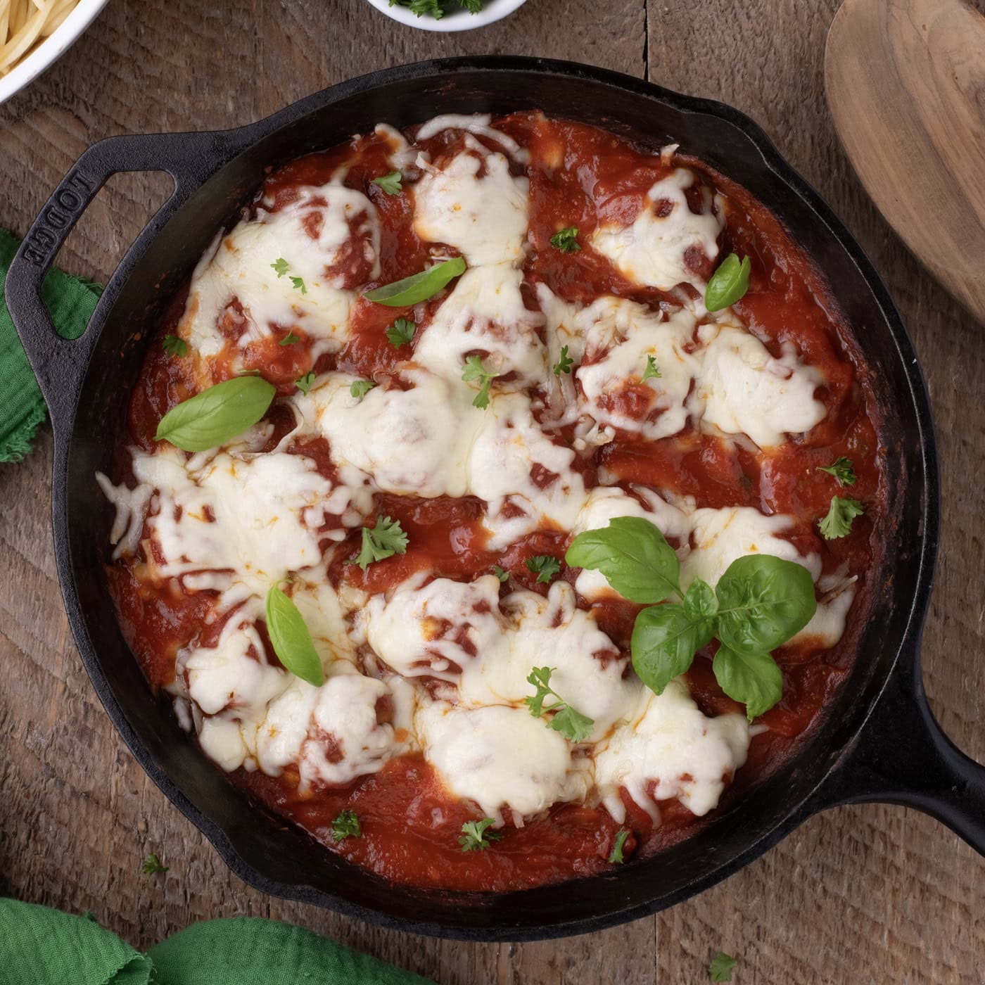 Skillet of Chicken Parmesan Meatballs