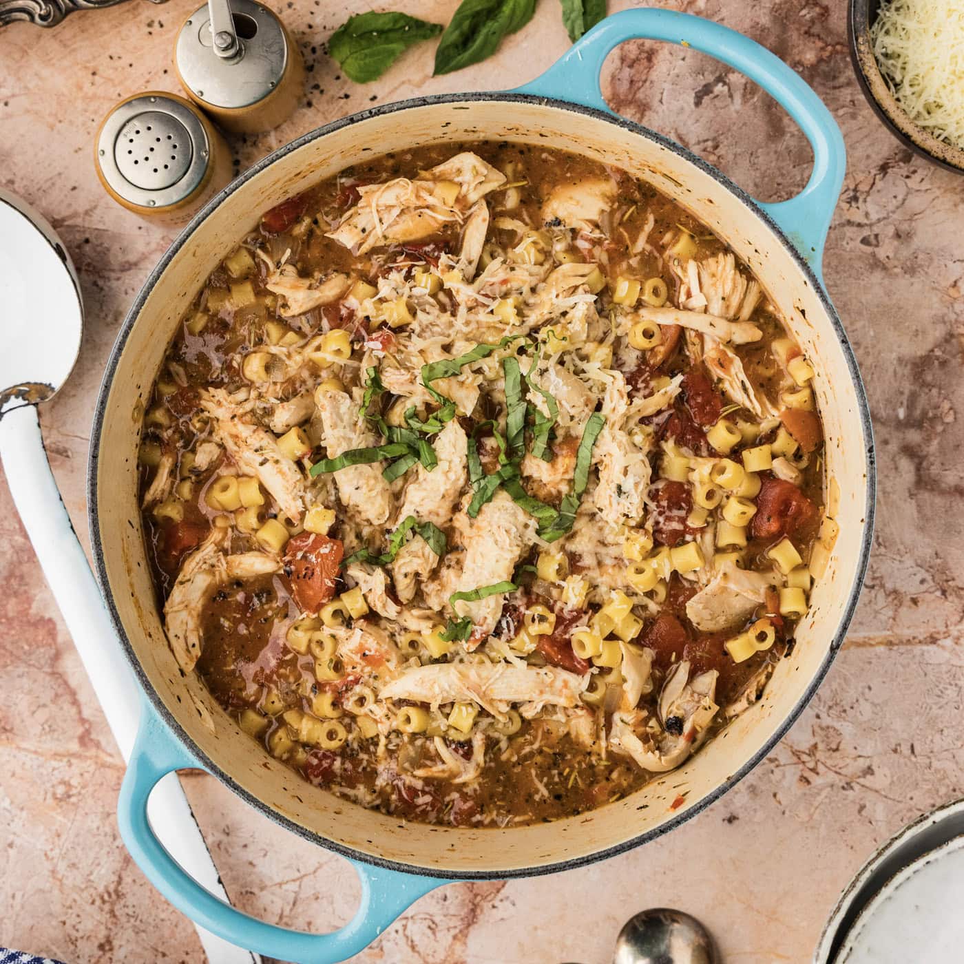Dutch oven of Chicken Parmesan Soup