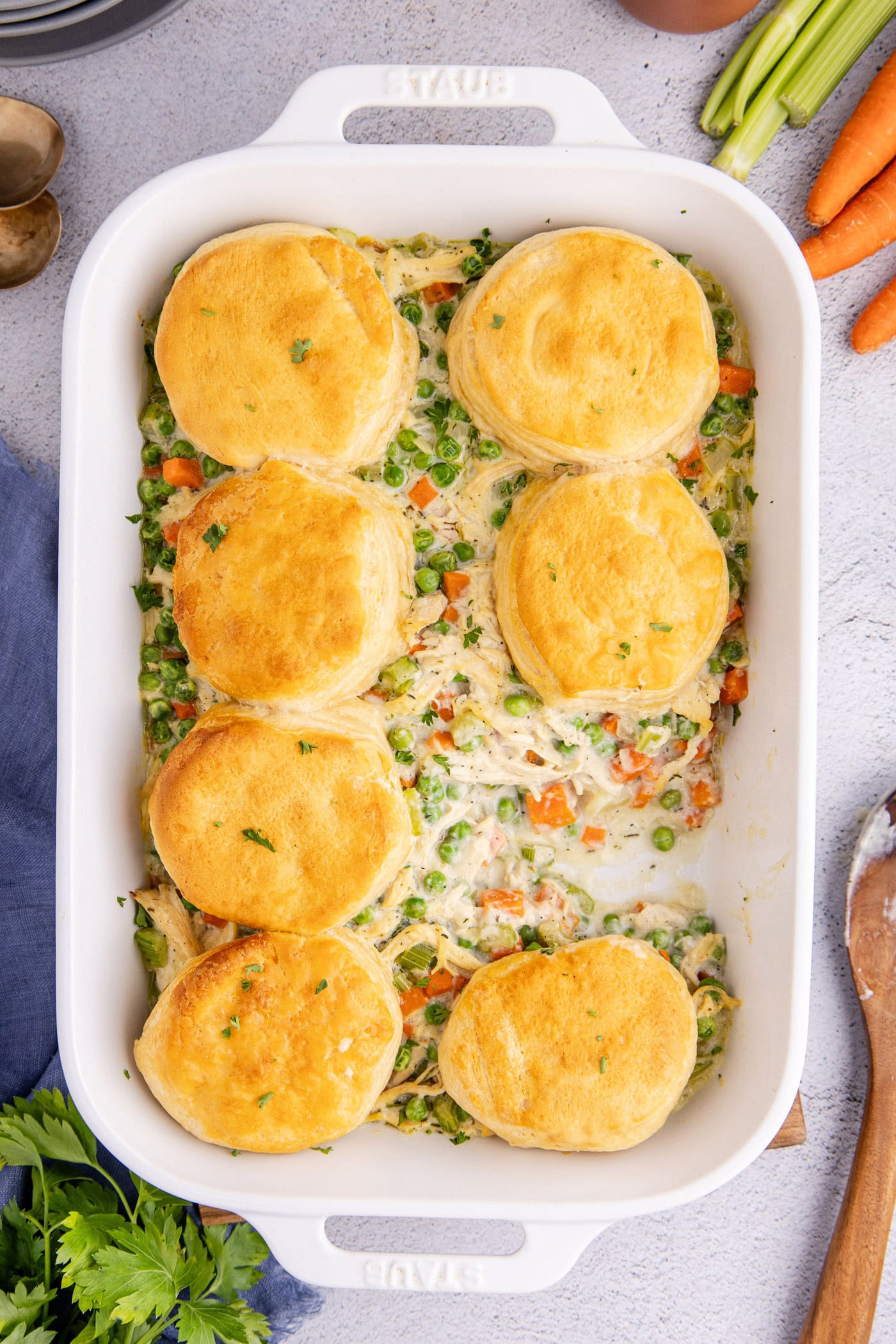 Dish of Chicken Pot Pie Casserole with a serving removed