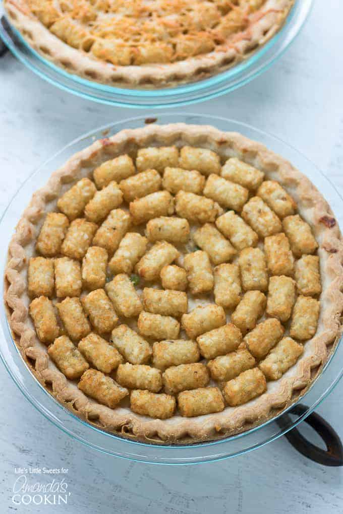 Chicken Pot Pie Tater Tot Casserole overhead shot