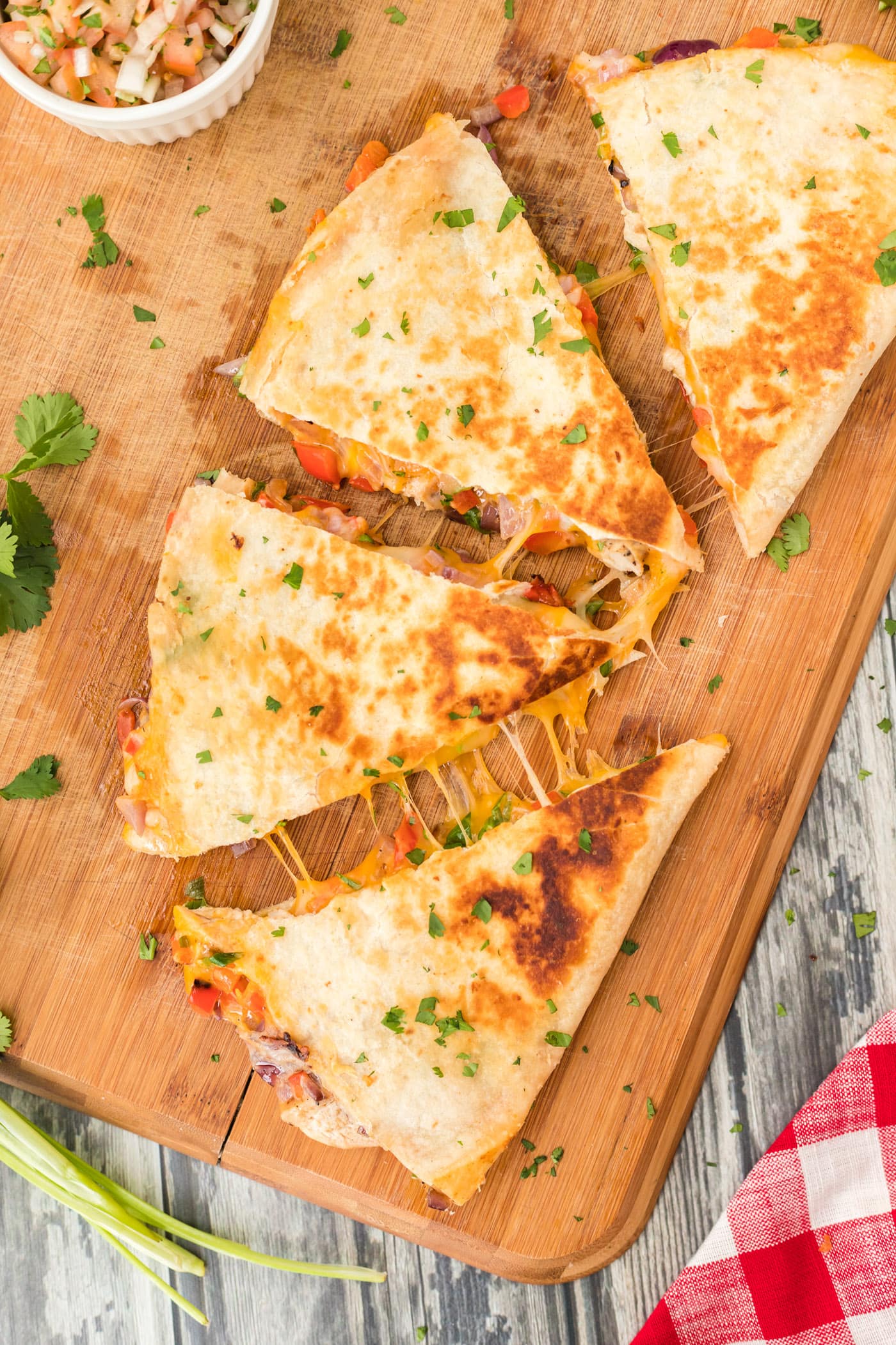 Chicken Quesadillas on a cutting board