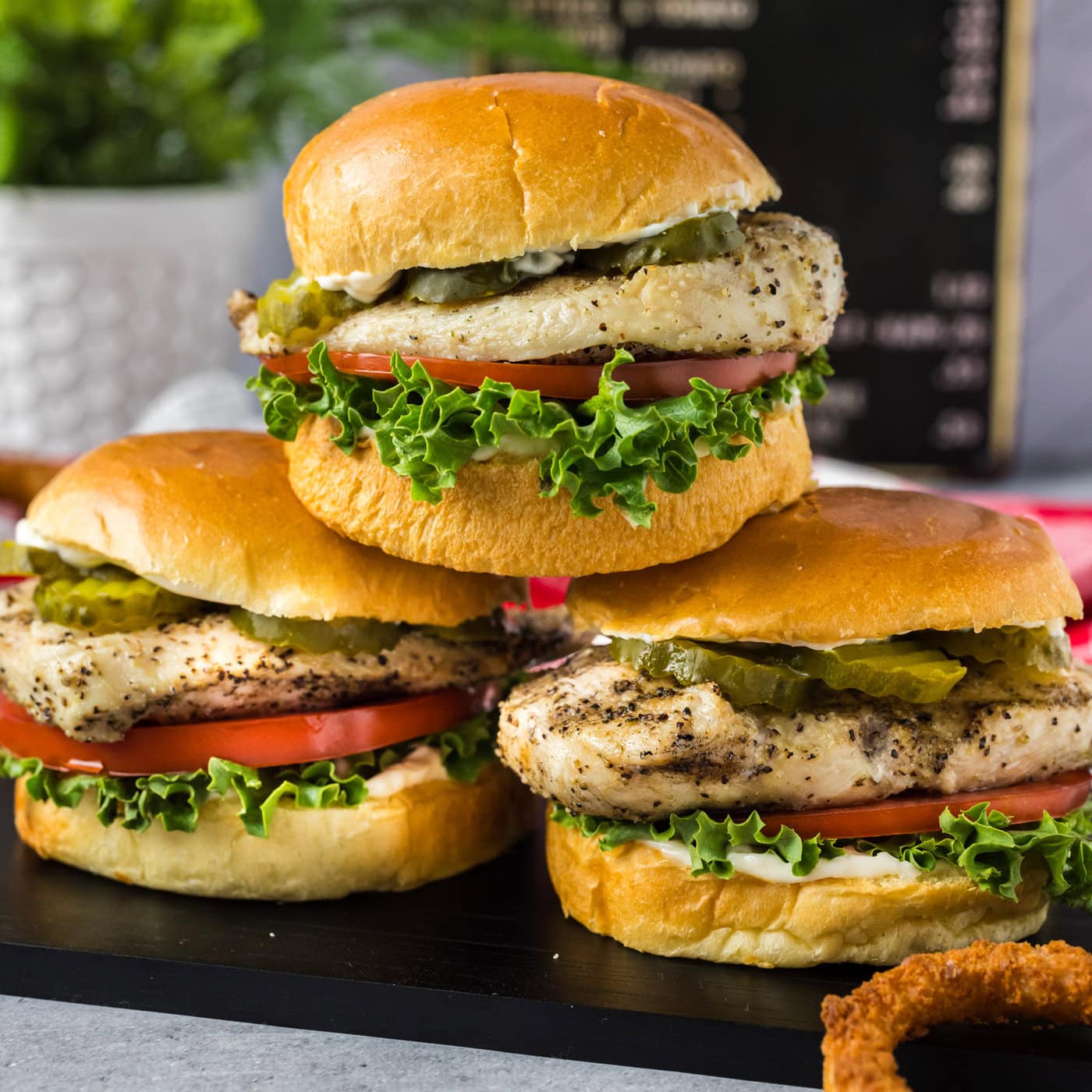 Close up photo of a stack of Chicken Sandwiches
