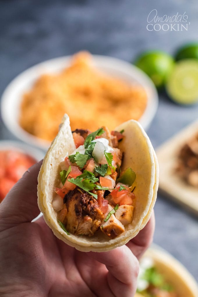 hand holding a chicken taco