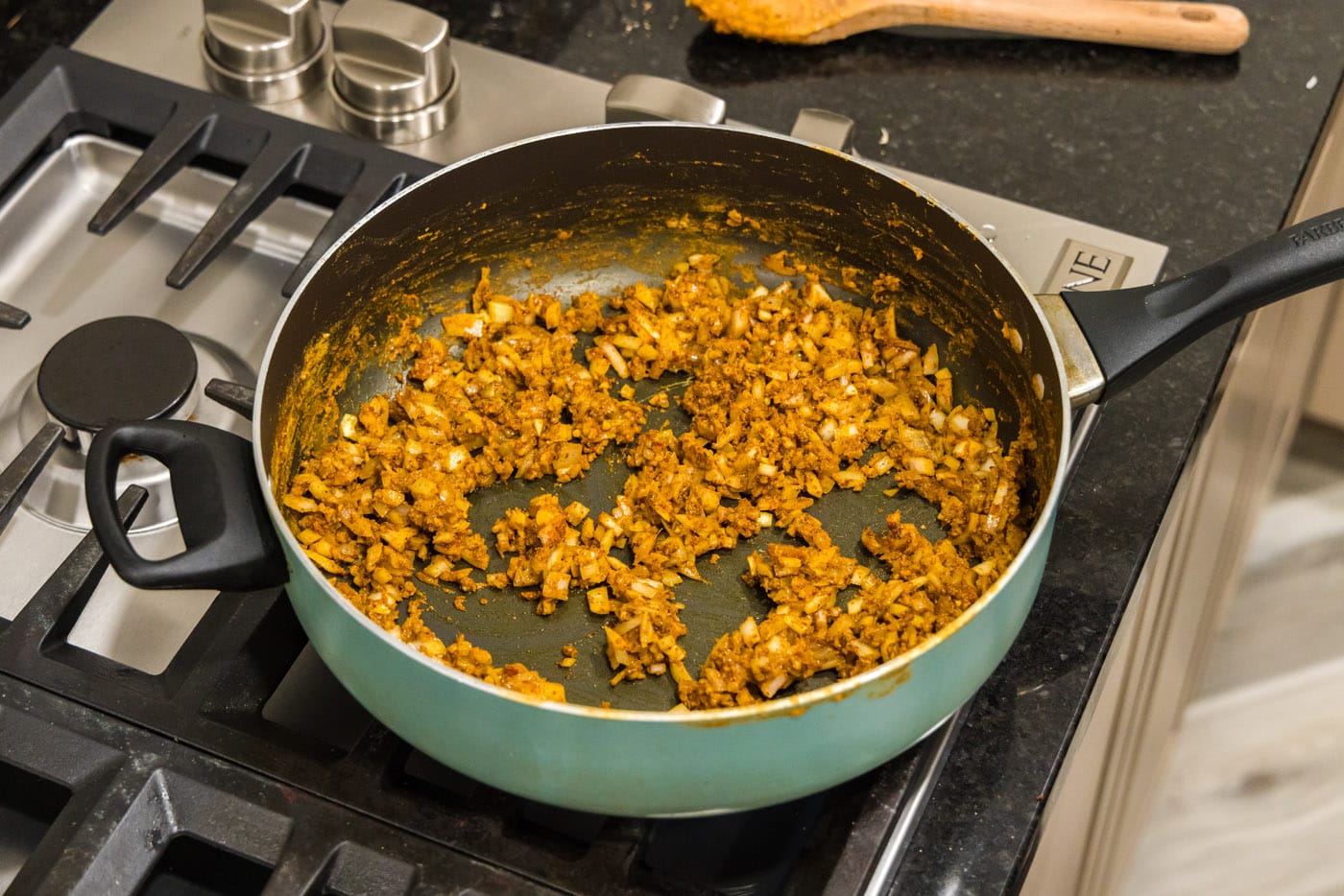 stirred sauce ingredients in a skillet