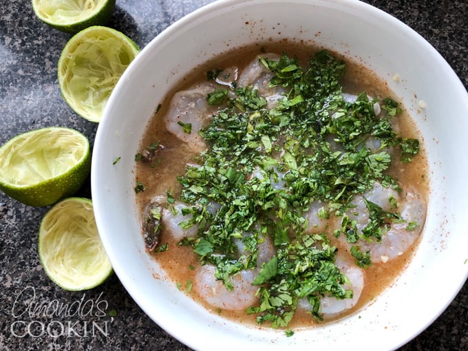 shrimp in chili lime marinade with cilantro