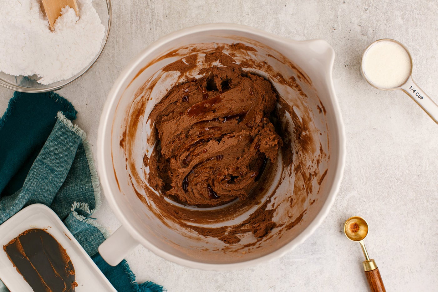 chocolate buttercream frosting in mixer bowl