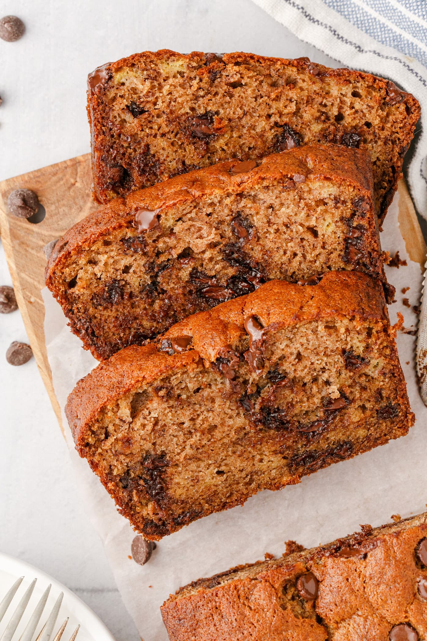 Three slices of Chocolate Chip Banana Bread