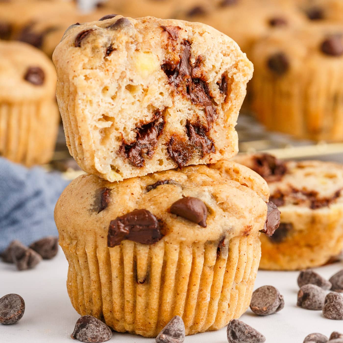 Chocolate Chip Banana Muffins cut in half