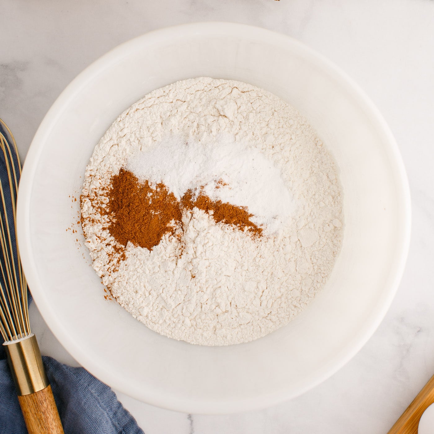 flour, baking powder, salt, and cinnamon in a bowl
