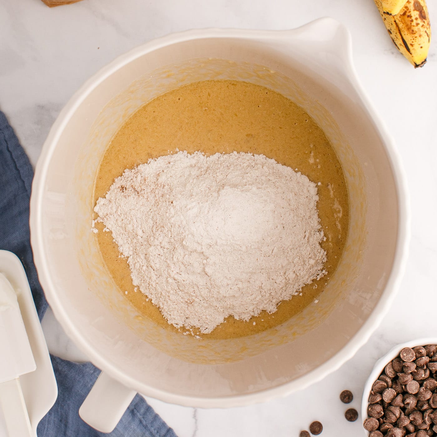 adding flour to muffin batter
