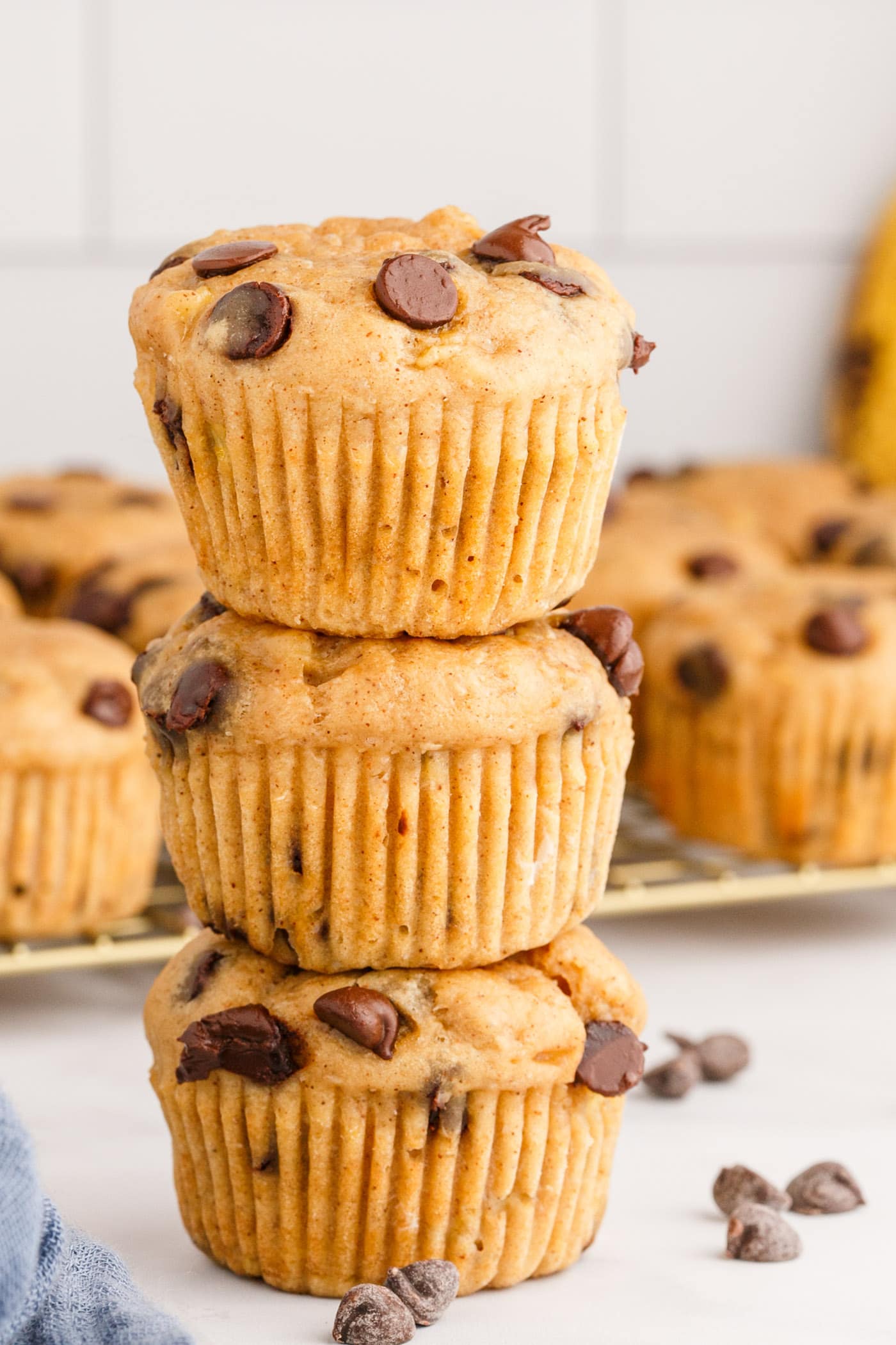 Stacked Chocolate Chip Banana Muffins