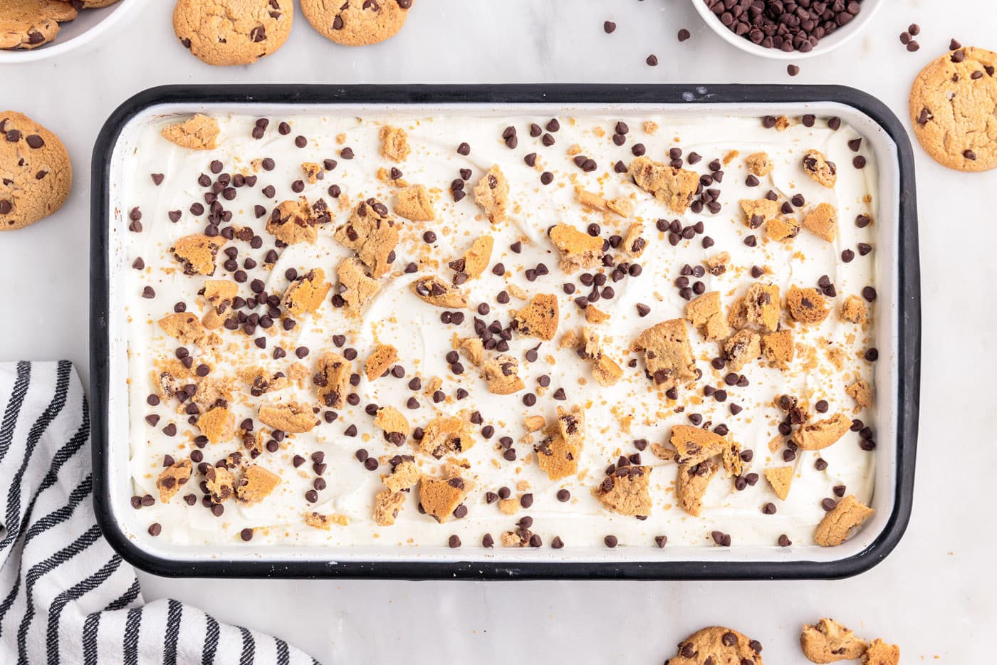 overhead shot of chocolate chip cookie icebox cake