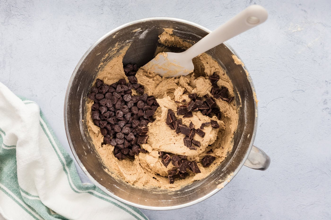 folding in chocolate chips to cookie dough with a rubber spatula