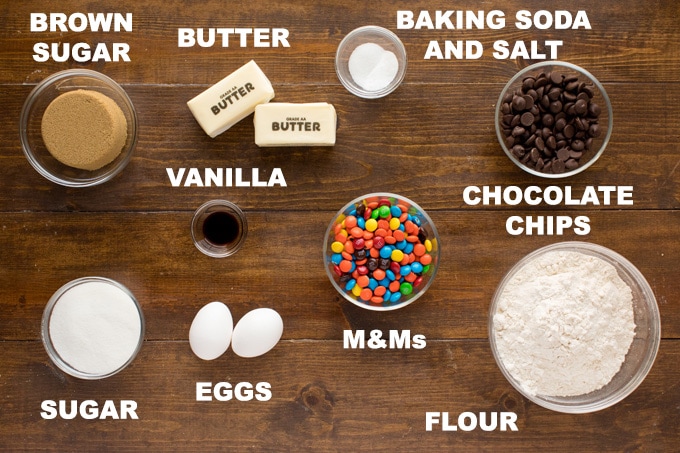 ingredients for chocolate chip m&m cookies