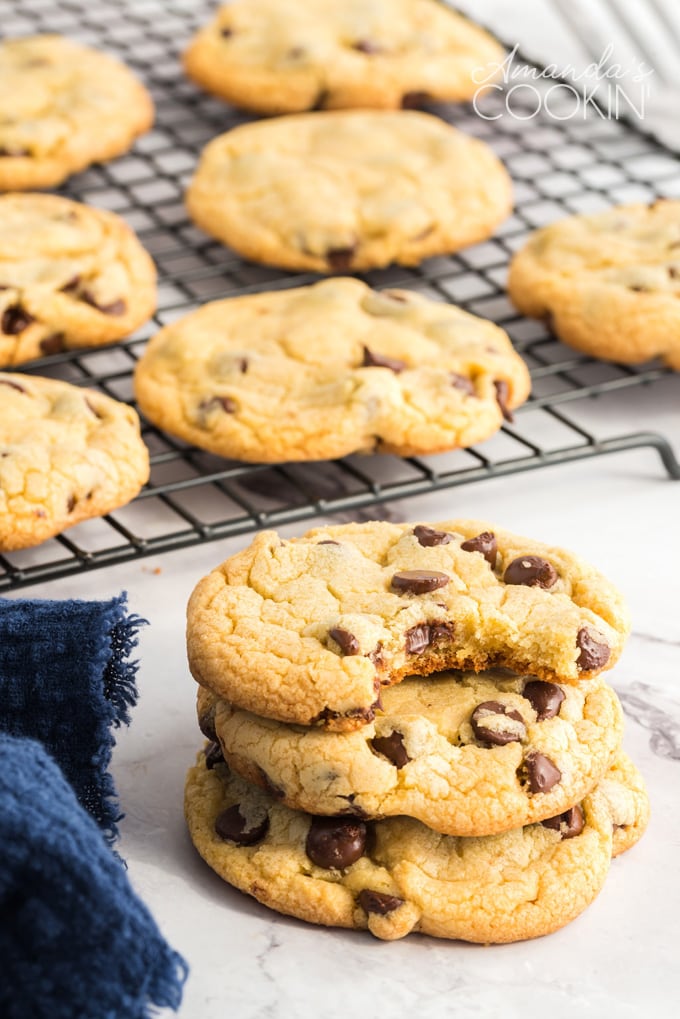 Chocolate Chip Pudding Cookies on a cooling rack