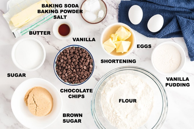 LABELED INGREDIENTS FOR Chocolate Chip Pudding Cookies