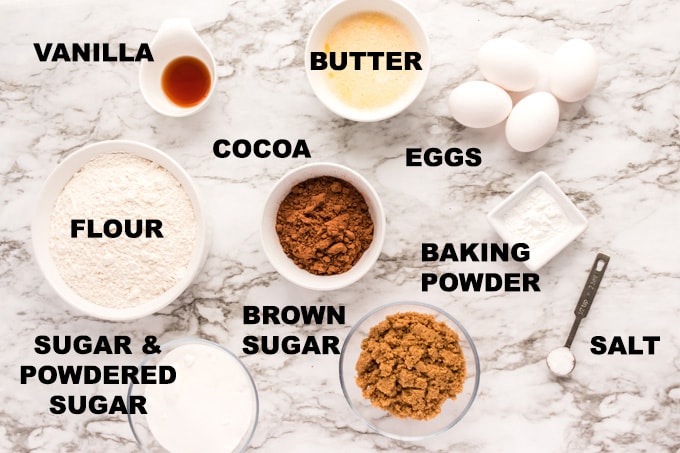 ingredients for chocolate brownie snow cookies
