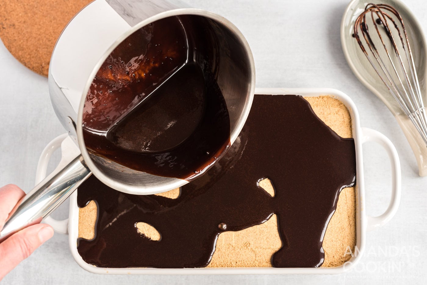 pouring chocolate ganache over the top of cake