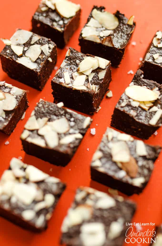 fudge squares on a red background