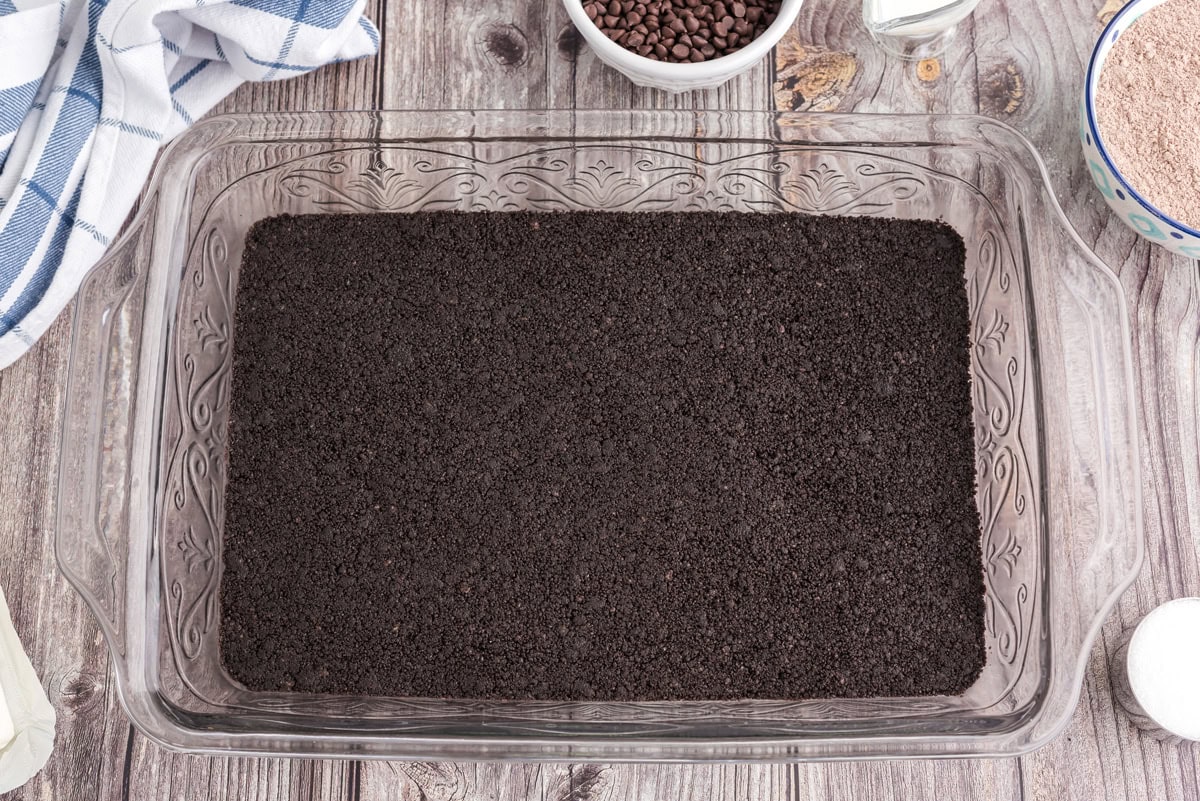 Cookie crumb mixture pressed into a 13x9 baking dish