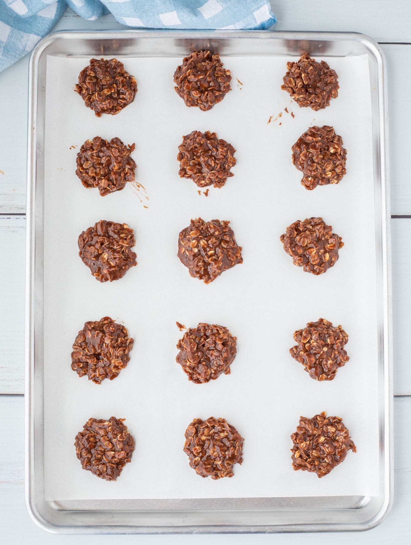 chocolate no bake cookies on parchment paper