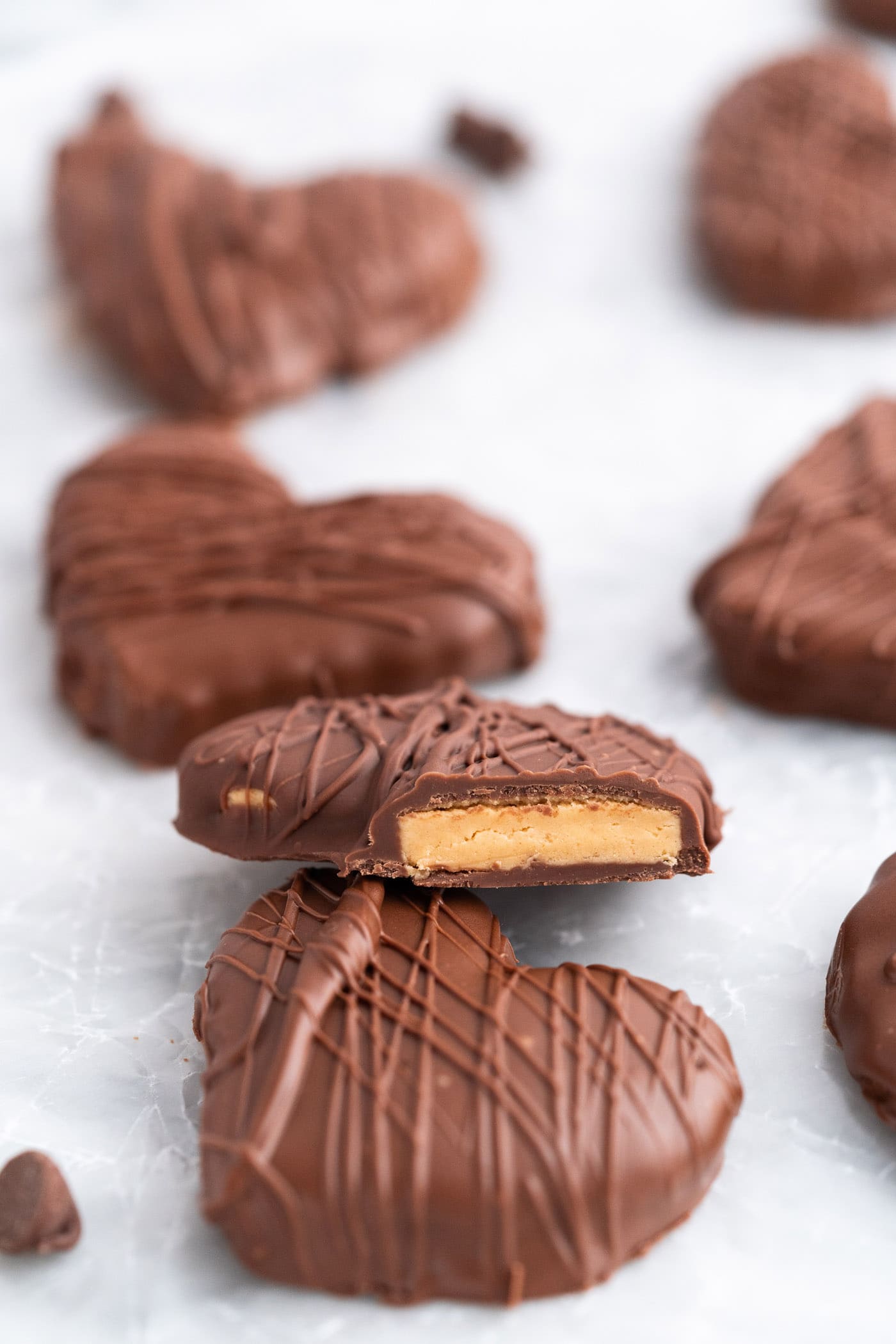 Close up of a Chocolate Peanut Butter Heart with a bite taken out