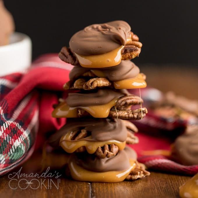 stack of homemade chocolate turtles