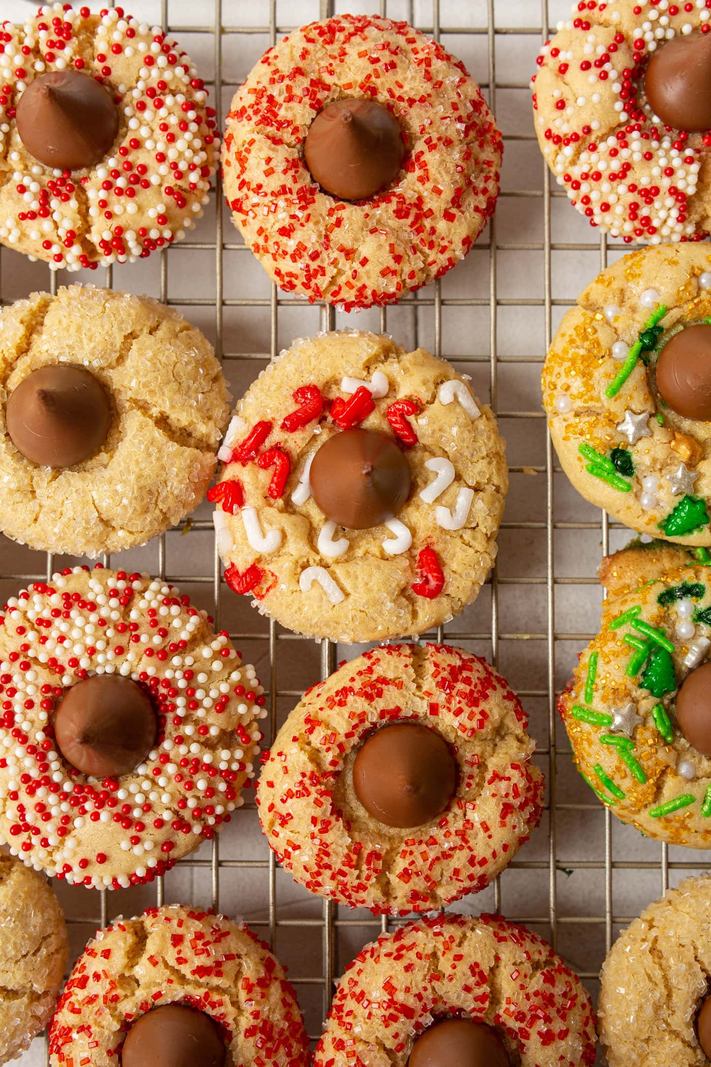 cooling rack of Christmas Kiss Cookies