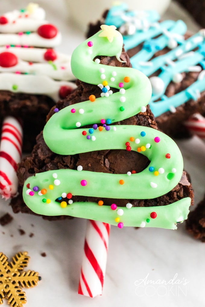 close up of brownis decorated like christmas trees