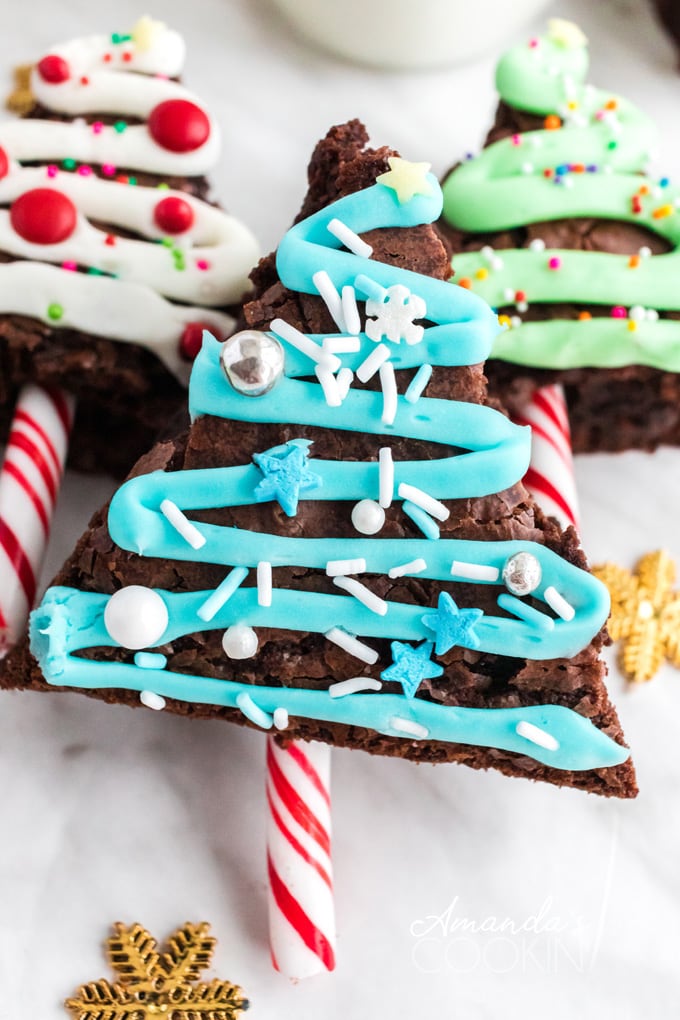 close up of blue frosting on brownie tree